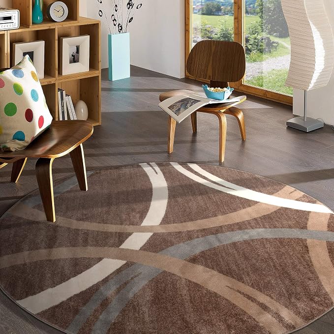 Rugshop Wavy Circles Modern Jute Backing Living Room Round Rug Brown 6'6" | Round, Size 6'6", Bedroom, Dining Room, Home Office, Kitchen, Entryway, Hallway, Nursery, Kids Room, Guest Room