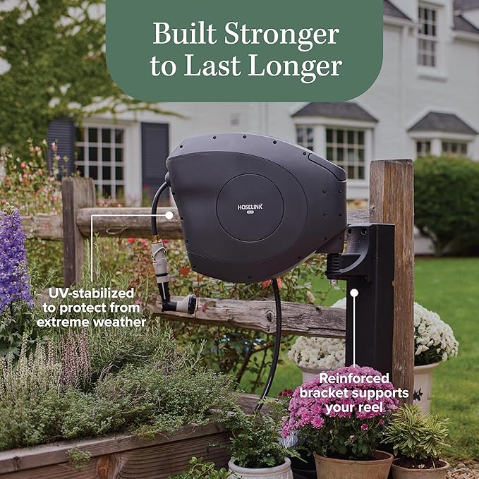 HOSELINK Classic Charcoal 50ft Hi-Flow Automatic Retractable Hi-Flow Garden Hose Reel, 9/16”, UV-Stabilized Kink-Free Hose, Wall Mounted Complete Watering Solution for Backyard, Garden & Outdoor