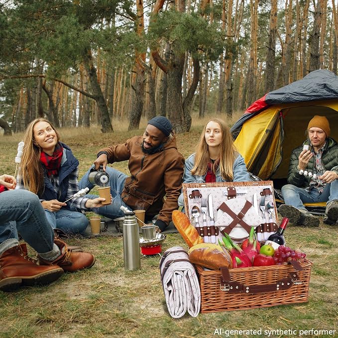 Picnic Baskets Wicker Willow Picnic Set for 4 Persons with Insulated Cooler Bag and White Floral Waterproof Picnic Blanket Gift for Christmas Thanksgiving Wedding Birthday Camp Outdoor Beach Travel