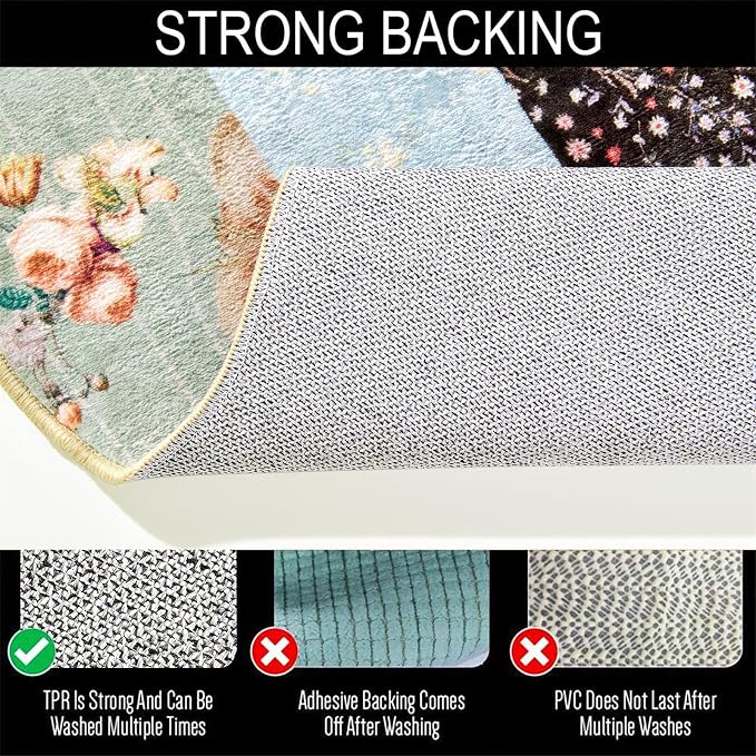 Quilted Floral Scalloped Rug 4x6 Washable, Thin Country Tribal Vintage Patchwork Rose Retro Bedroom Dorm Carpet, Cute Boho Shabby Chic Area Rugs for Dining Living Room Kitchen Entryway Nursery