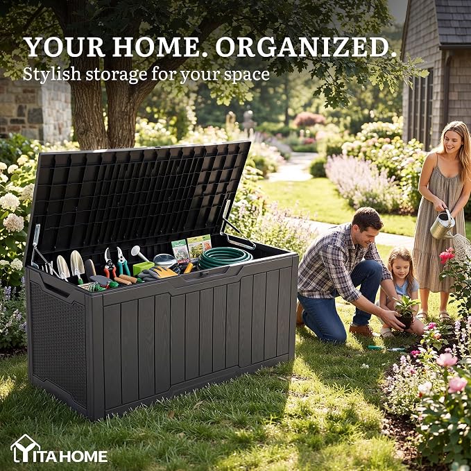 YITAHOME 100 Gallon Large Outdoor Deck Box, Waterproof Resin Storage Box, Lockable Indoor Outdoor Storage Container for Patio Furniture Cushions, Pool Accessories, Garden Tools, Dark Gray