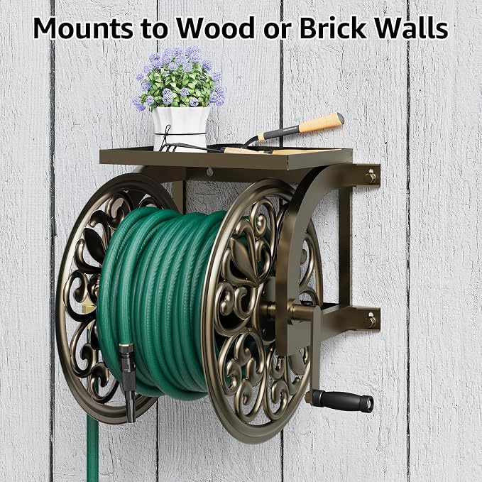 GOFORWILD Garden Wall Mount Hose Reel, Decorative Hose Reel, Garden Heavy-Duty Water Hose Holder Winder, Holds 200-Feet of 5/8-Inch Hose
