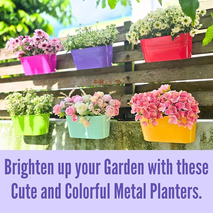 LaLaGreen Rail Planter (17 Inch, 6 Pack) Colorful Hanging Flower Railing Fence Balcony Gardening for Apartment Patio Planters Modern Garden Style Metal Iron Outdoor Deck Decoration Porch Decor Pots