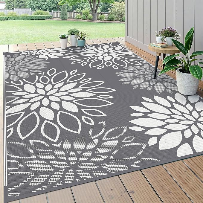 HEBE Waterproof Outdoor Rug 6x9 for Patios, Floral Reversible Plastic Straw Rug Patio Mat, Indoor Outdoor Carpet RV Mat Camping Rug for Deck, Camper, Porch, Balcony, Backyard, Picnic