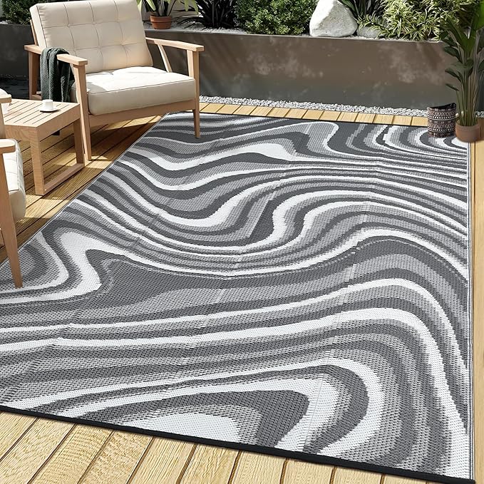 Garvee Waterproof Outdoor Rug for Camping 6x9 Abstract Outdoor Patio Rug Plastic Straw RV Rugs for Outside, Reversible UV Resistant Minimalist Mats for Picnic Backyard Deck Balcony, Black Grey