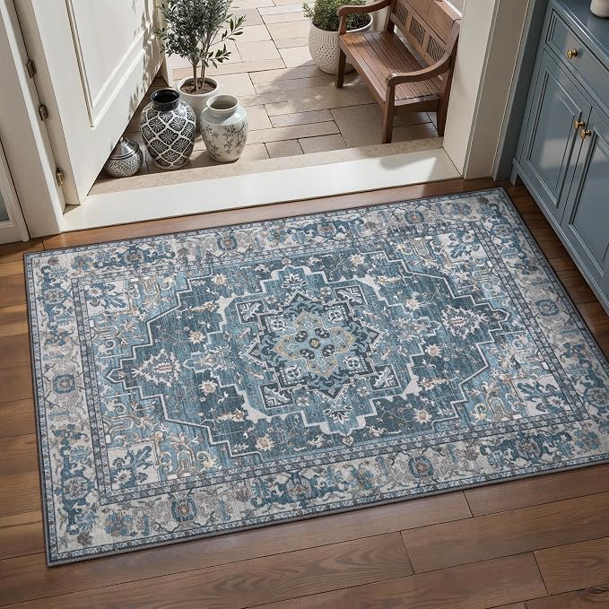 Vintage Small Area Rugs for Entryway, Non Slip 2x3 Washable Rug Blue Grey | Tangsoo Oriental Indoor Front Door Rug Mat, Soft Low Pile Print Carpet Throw Rugs for Entry Entrance Kitchen Bedroom Decor