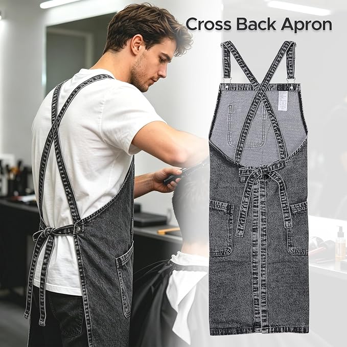 Denim Chef Apron for Women with Pockets, Jean Waitress Server Kitchen Apron for Men Cooking Gardening Painting