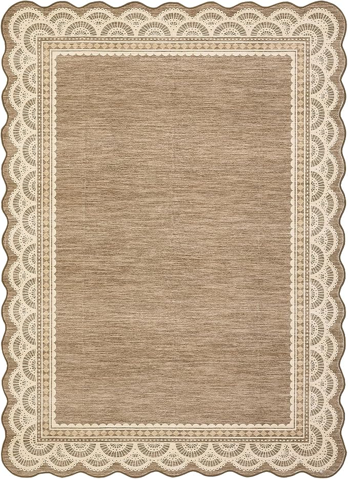Garvee 9x12 Scalloped Lace Rug for Living Room Washable Soft Rugs Brown | Non Slip Low Pile Rug, Non-Shedding Carpet for Bedroom Playroom Kids Room, Stain Resistant Rugs, Solid Rug for Girls Room