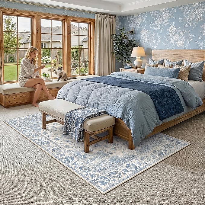 Blue Area Rug 10x14 Vintage Oriental Medallion Non-Slip Carpet | Machine Washable, Soft, Low Pile, Distressed, Large for Living Room, Bedroom, Dining Room, Office, Retro Home Decor
