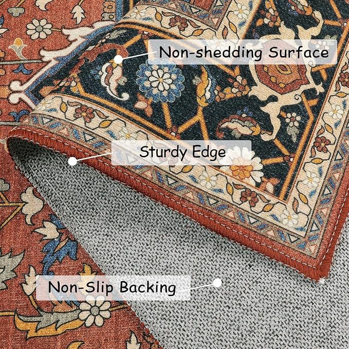 Moynesa Ultra-Thin Washable 8x10 Area Rugs for Living Room, Boho Oriental Rugs for Bedroom Non-Slip Non-Shedding, Large Vintage Carpet for Dining Room Home Office Decor, Brown/Multi