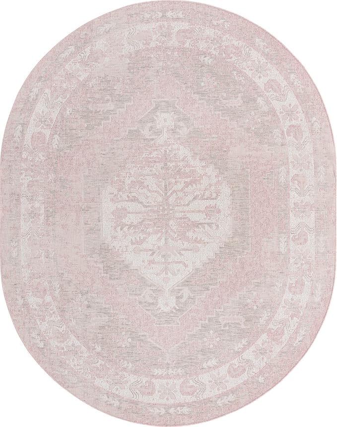 Unique Loom Outdoor Traditional Collection Area Rug - Valeria (7' 10" x 10' Oval, Pink/ Ivory)