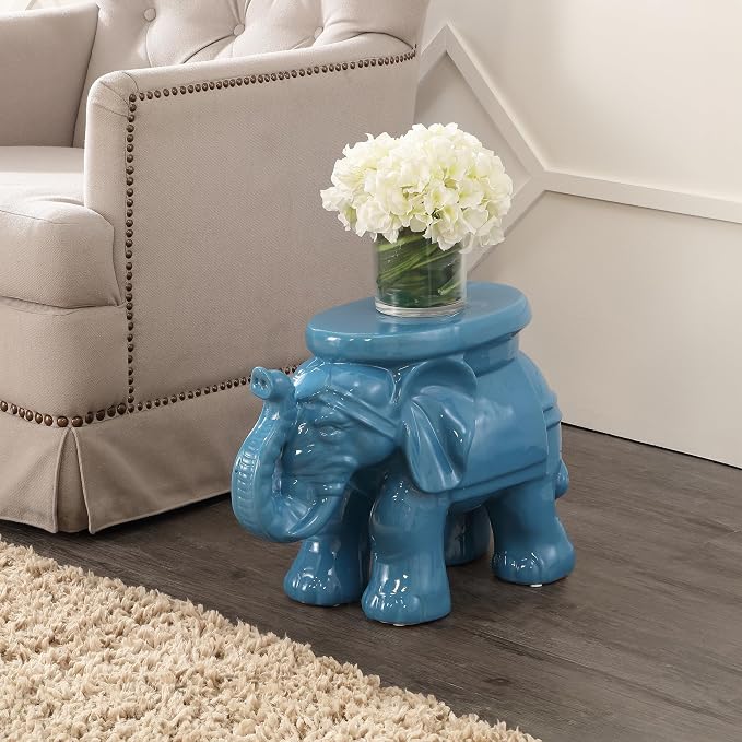 JONATHAN Y White Elephant 14.25" Glazed Ceramic Elephant Garden Stool, Weather-Resistant Indoor/Outdoor Patio Side Table and Plant Stand, Bohemian, Blue TBL1007D