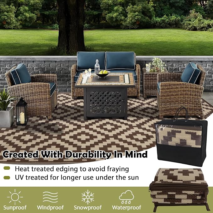 SAND MINE Reversible Mats, Plastic Straw Rug, Modern Area Rug, Large Floor Mat and Rug for Outdoors, RV, Patio, Backyard, Deck, Picnic, Beach, Trailer, Camping (6' x 9', Brown & Beige)
