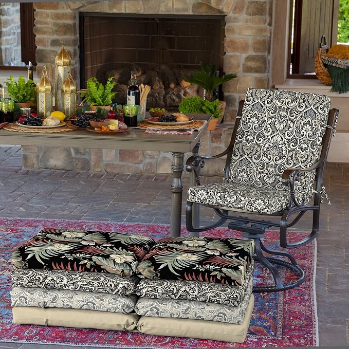 Arden Patio Dining Outdoor Chair Cushions, 20x44, Rain-Proof Seat Pad, Fade-Resistant Outdoor Cushion Black Aurora Damask