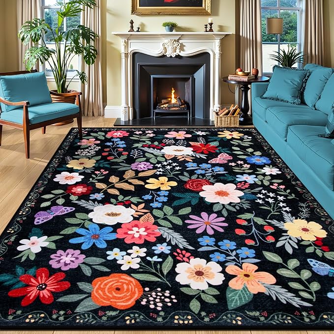 PLHXFR Area Rug 9x12 Living Room: Floral Washable Boho Soft Carpet Black | For Bedroom Dining Room Farmhouse Nursery Hallway,Vintage Floral,Machine washable,Non Slip,Stain Resistant,Large Indoor