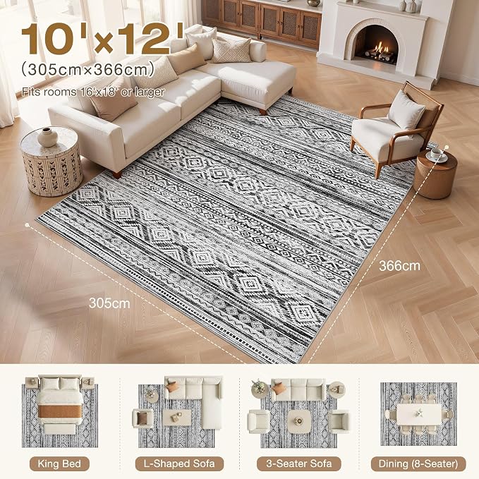 cotiled Boho 10x12 Area Rug for Living Room: Large Moroccan Washable Rug | Solve Modern Neutral Trendy Home Decor - Stain Resistan Carpet for Bedroom Farmhouse White Black