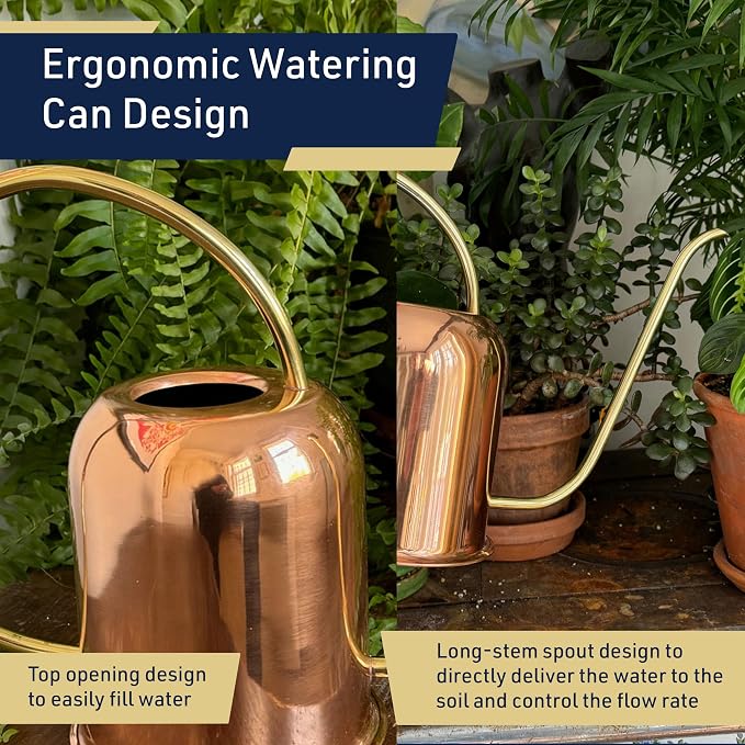 Copper Watering Can Indoor Plants - 48oz Long Spout Precise Small Water Can for Plants, Bonsai, Succulents, Houseplants, or Garden - Metal Inside or Outdoor Plant Watering Cans by Kings County Tools