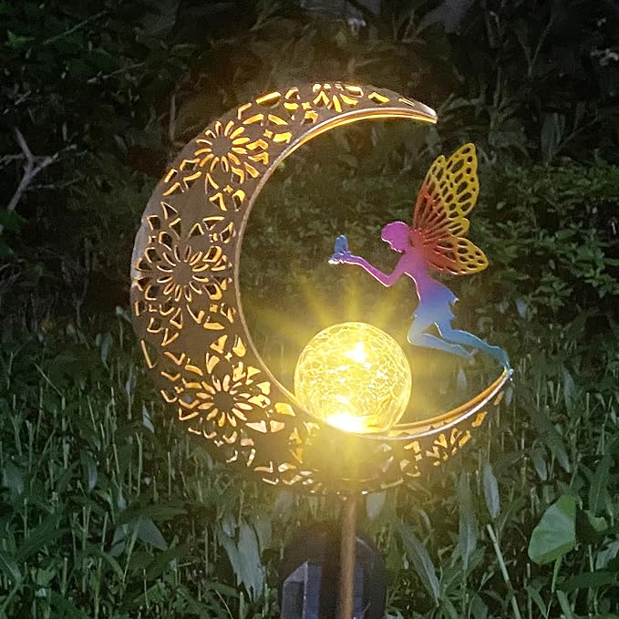 Waterproof Solar Moon Fairy Crackle Glass Lights, Metal Stake for Yard Patio Lawn Pathway Decor