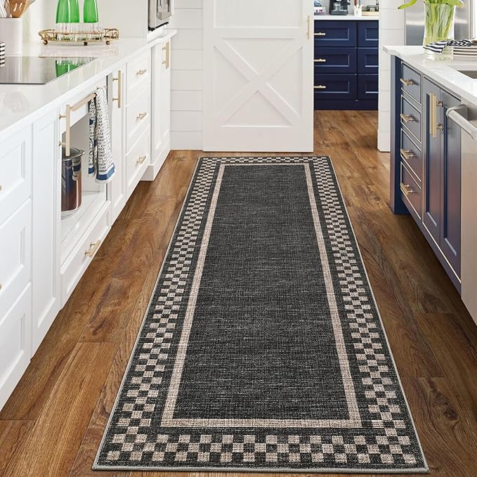 GarveeHome Washable Runner Rug 2x10 Modern Bordered Hallway Runner Rug | Non Slip Kitchen Throw Carpet Checkered Low Pile Solid Area Rugs for Entryway Living Room Bedroom Nursery Sink, Black