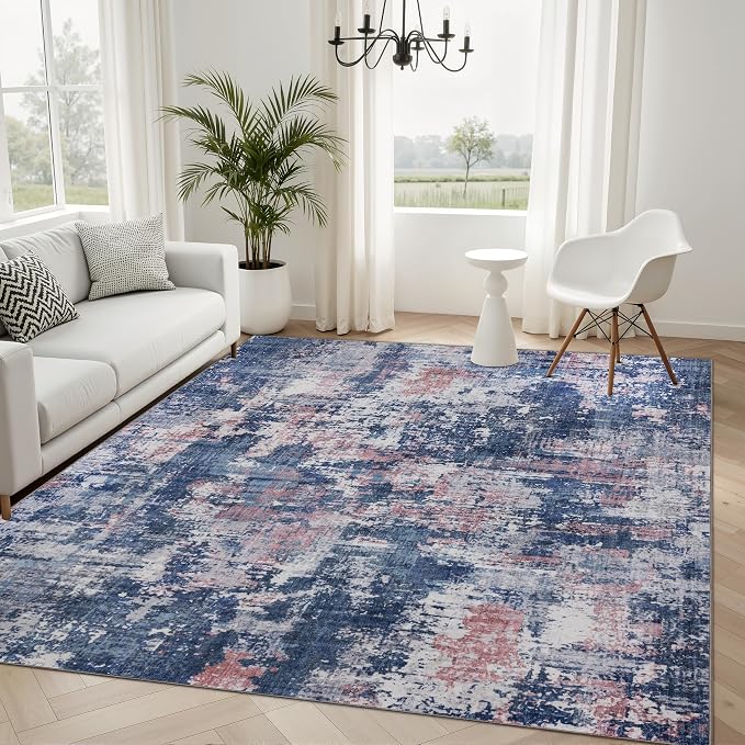 Sasttie 4x6 Washable Area Rug, Modern Abstract Carpet, Pink & Blue | Ultra-Soft Faux Wool, Low Pile, Non-Slip, Lightweight, Thin, for Living Room, Bedroom, Dinning Room & Dorm