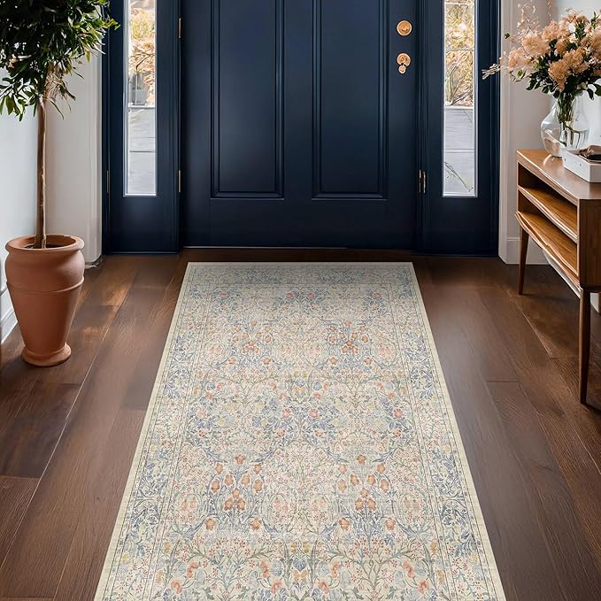 Large 3x6 Entryway Rug Indoor - Washable Non-Slip Low Pile Stain Resistance Ultra Soft Runner Rug for Large Kitchen, Bedroom Beside Bed - Vintage Floral Beige Blue Home Decor
