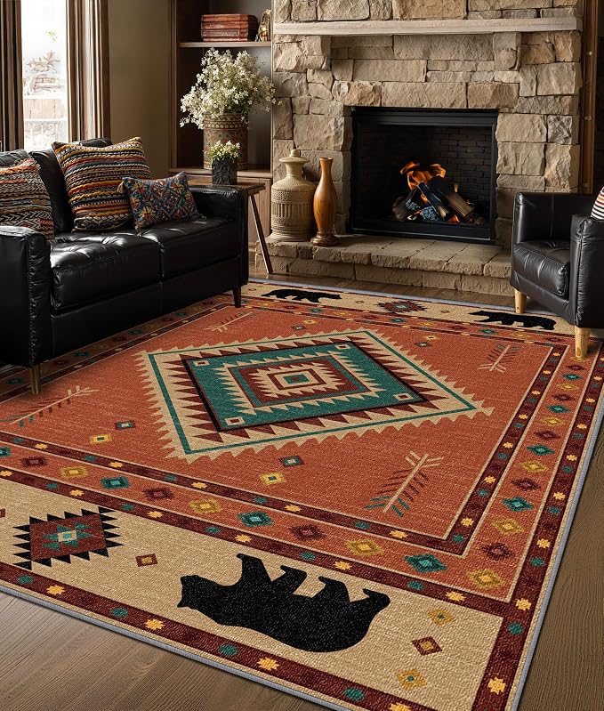 Cabin Rug 5x6 - Bear Southwestern Aztec Area Rugs for Bedroom Living Room, Rustic Bohemian Machine Washable | Non-Slip | Soft Carpets, Native American Room Decor (Orange Tan Black)