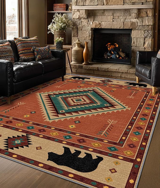 Cabin Rug 5x6 - Bear Southwestern Aztec Area Rugs for Bedroom Living Room, Rustic Bohemian Machine Washable | Non-Slip | Soft Carpets, Native American Room Decor (Orange Tan Black)