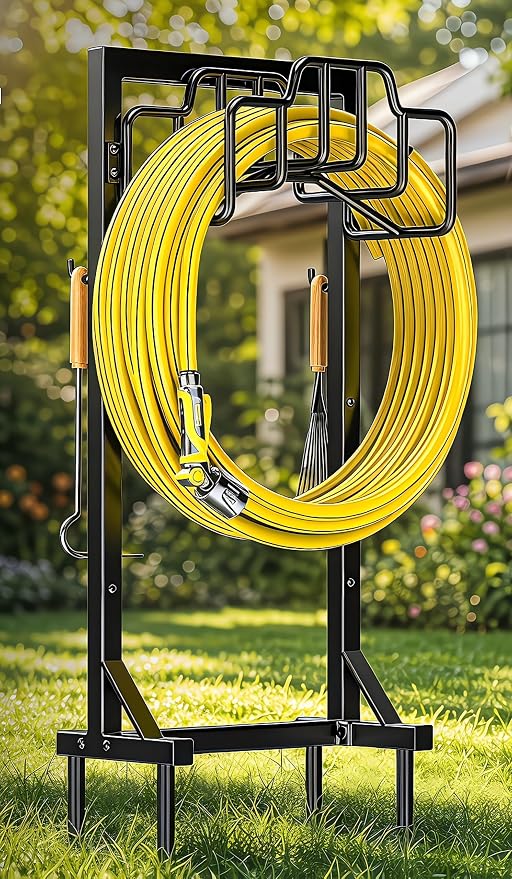 Skycarper Garden Hose Reel Holder Detachable Metal Water Hose Hanger Organizer Heavy Duty Free Standing Hose Stand (Deep Black)