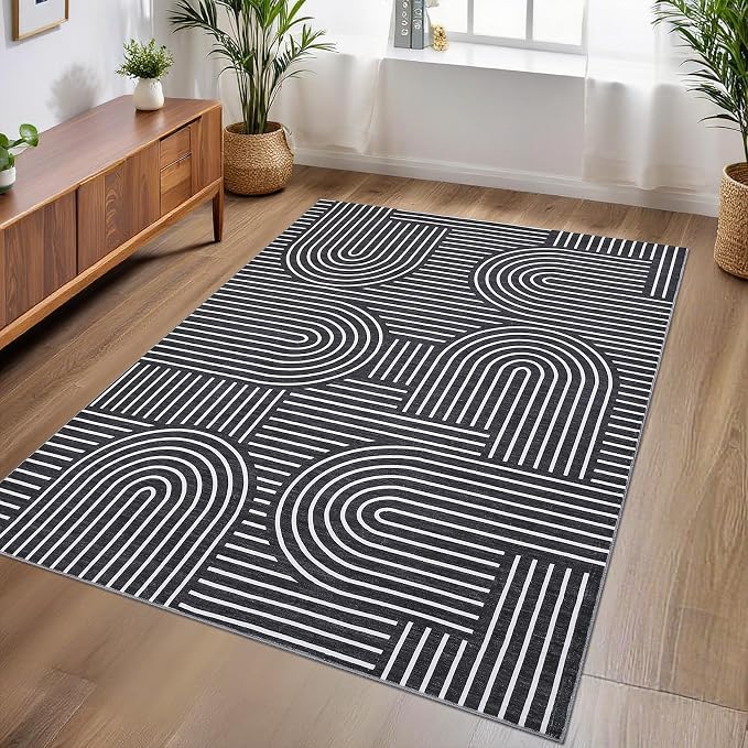 ROYHOME Modern Washable Rug 3x5 Area Rugs for Living Room Non Slip, Black | Abstract Rug for Bedroom, Rainbow Throw Rugs with Rubber Back, Low Pile Stain Resistant Geometric Carpet for Playroom Dorm
