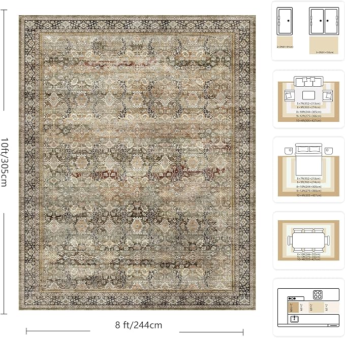 8x10 Area Rugs for Living Room - Washable Vintage Retro Large Rug, Soft Ultra Thin Non Slip Low Pile Traditional Distressed Boho Carpet for Bedroom Dining Room Home Office, Charcoal Olive