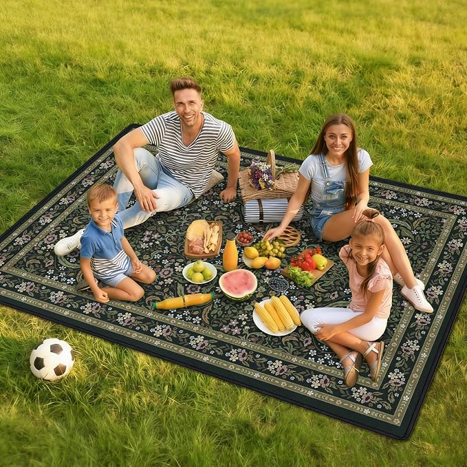 Floral Picnic Blankets Waterproof Foldable, 60″X80″ Packable Picnic Mat Vintage Outdoor Blanket for Grass, Large Beach Blanket Sandproof Picnic Accessories for Camping Music Festival Park Lawn Travel