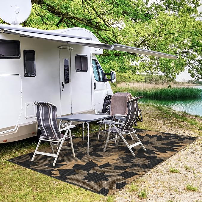 GENIMO Outdoor Rug 6' x 9' Waterproof for Patio Clearance, Reversible Plastic Straw Camping Mat, Light Weight Carpet for Rv, Camper, Deck, Porch, Picnic, Balcony, Beach,Charcoal Black & Brown