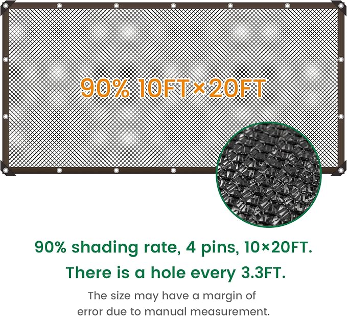 90% 10 X 20 FT Black Shade Cloth, Outdoor Woven Sun Shade with Grommets, Durable Sun Shade Netting Shading Antifreezing for Patio, Garden, Plants Cover, Greenhouse, Barns, Dog Kennel