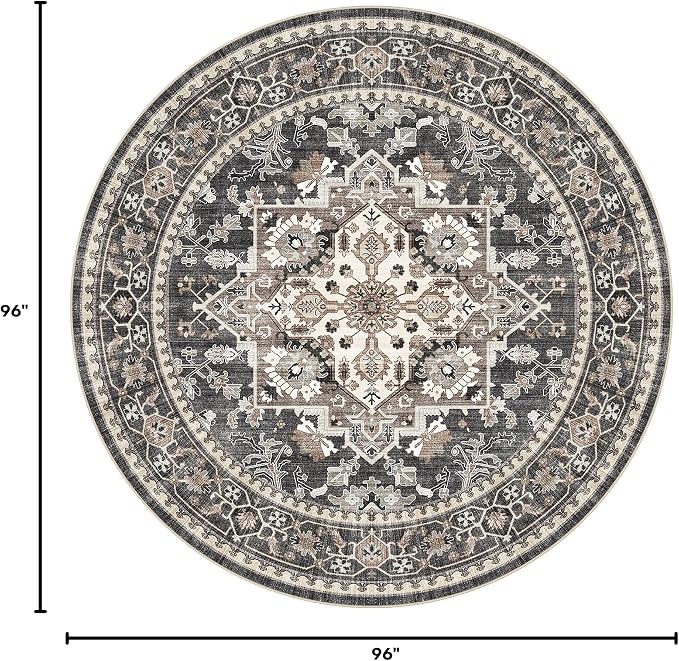 Washable Area Rug-8X8 Vintage Neutral Soft Black | Non Slip Thin Foldable Large Floor Carpet for Living Room Bedroom Kitchen Dining Room Home Office Farmhouse Indoor