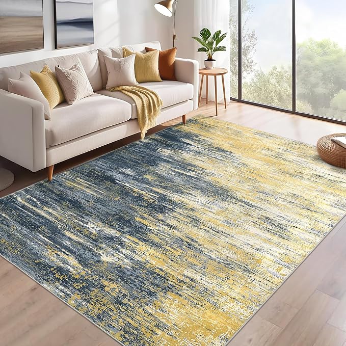 ROYHOME Modern Abstract Living Room Rug 8x10, Yellow/Black | Washable Area Rugs for Bedroom, Stain Resistant Non Slip Large Rug, Soft Indoor Carpet for Dining Room Table Home Decor