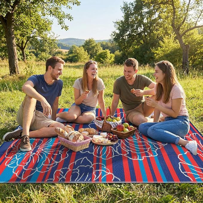 Garvee 5x8 Outdoor Waterproof Rug, Floral Outdoor Area Rug，Reversible Plastic Straw Patio Rug, Portable Camping Mat for RV, Picnic, Beach, Balcony, Garden & Camping Red&Navy