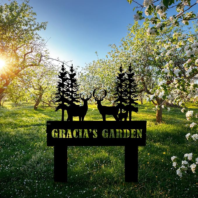 Personalized Deer Garden Sign with Stakes, Custom Metal Garden Decor, Large Deer Stake for Farmhouse, Metal Yard Art, Gift for Grandmother, Gift for Mom, Patio Garden Decorations, Housewarming Gift