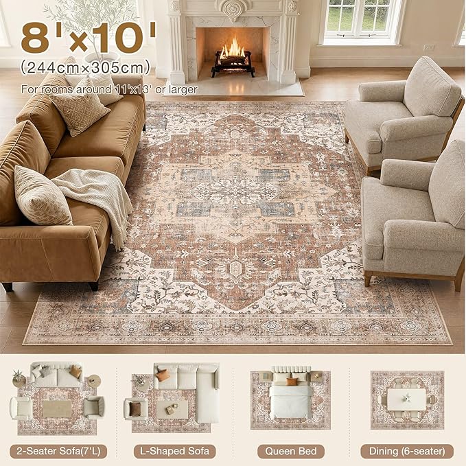 DTICON Vintage Washable 8x10 Area Rug Living Room Rugs, Brick Red | Boho Distressed, Pet & Kid Friendly, Non-Slip Backing, Soft Polyester, Low-pile Carpet for Living Room, Bedroom, Dining Room