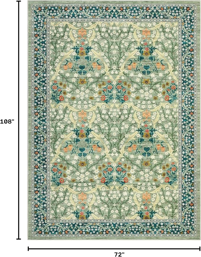 GarveeHome 6x9 Washable Area Rug for Living Room, Floral Dining Room Rugs for Under Table, Low Pile Non-Slip Stain Resistance Floor Carpet for Bedroom, Sage Green