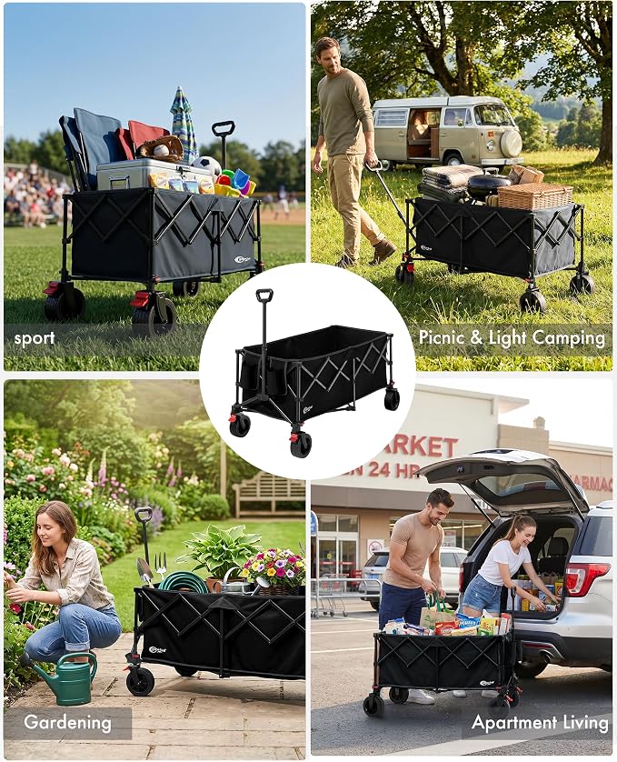 Portal Collapsible Wagon Cart, Foldable Wagon with Big Wheels, 300L Extra Large Wagon,18.7lbs Lightweight Utility Wagon, Heavy Duty Wagon for Beach, Camping, Sports, Garden Black