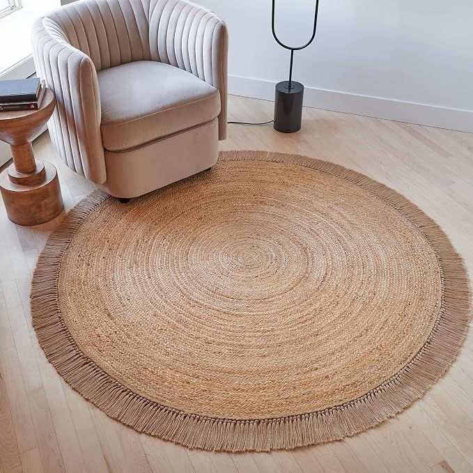 Beautiful 5x5 ft Round Jute Area Rug - Natural Hand Woven Braided Circle | Fits Perfectly Into Your Entry Area, Kitchen or Living Room - Modern Braided Mat Enhances Any Boho Decor