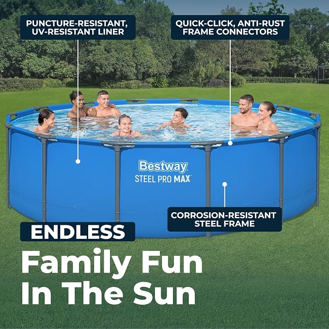 Bestway Steel Pro MAX 14’ x 42 Above Ground Swimming Pool, Pool Only, Blue | Round Durable Metal Frame Pool, Outdoor Backyard Water Activity - Includes Puncture-Resistant Liner, No-Tool Setup