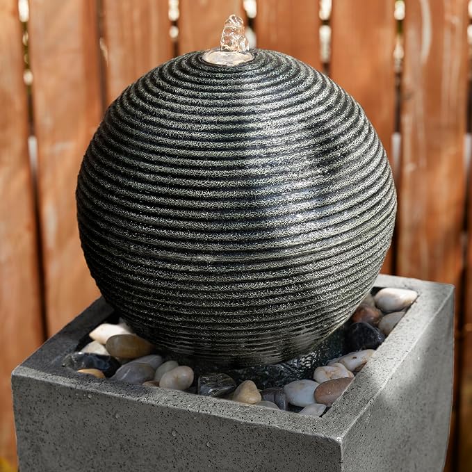 Glitzhome Modern Water Fountain Outdoor with LED Light, Oversized Geometric Outdoor Fountains and Waterfalls, Sphere Rock Fountain with Pebbles for Garden Backyard Patio, 40.5”H