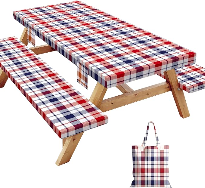 Picnic Table Cover with Bench Covers Elastic,Fitted Table cloths for Rectangle Tables 6 Foot Washable,Waterproof Tablecloth for Outdoor Camping Essentials (Red White Blue Buffalo Plaid, 6 Foot)