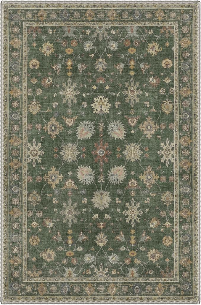 2x3 Doormat, Vintage Floral Washable Non Slip Area Rug for Entrance | Floral Soft Low Pile Boho Small Rug for Entryway Bedside Kitchen, Stain Resistant Lightweight Easy Care Rug, Dusty Green