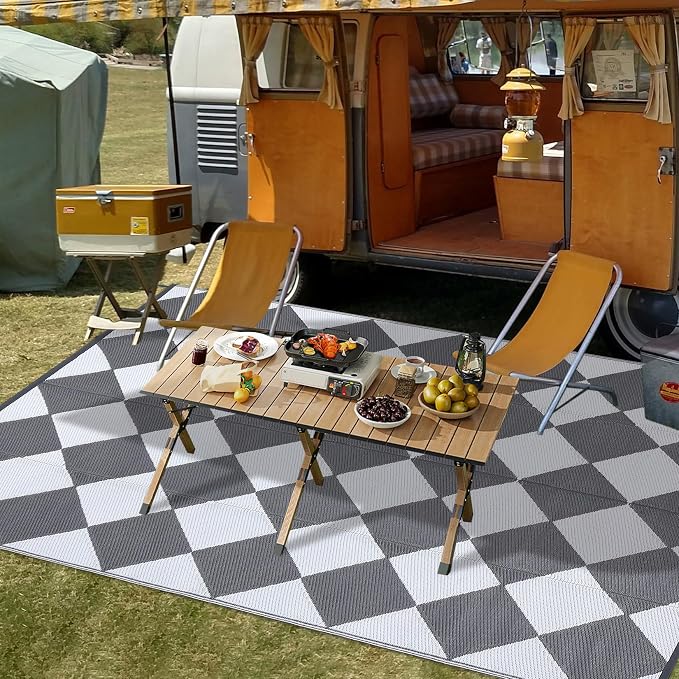 Garvee Outdoor Rug 9x18 Outdoor Patio Rug Waterproof Foldable Mat Reversible Plastic Straw Rugs Easy Clean Lightweight Carpet for Balcony Deck Picnic Backyard Camping Porch RV Beach Checkered Grey
