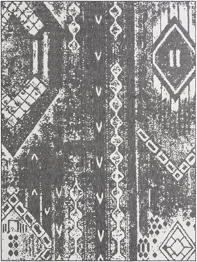 Unique Loom Outdoor Bohemian Collection Area Rug - Anthro (9' x 12' Rectangle, Charcoal Gray/ Ivory)