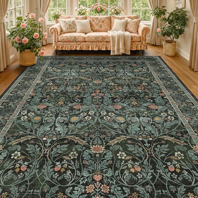 Washable Area Rug 9x12 Living Room, Ultra Soft Dark Floral Large Washable Rugs for Bedrooms, Dining Room, Moody Woodland Low Pile & Non Skid Indoor Floor Carpets (Dark Green)