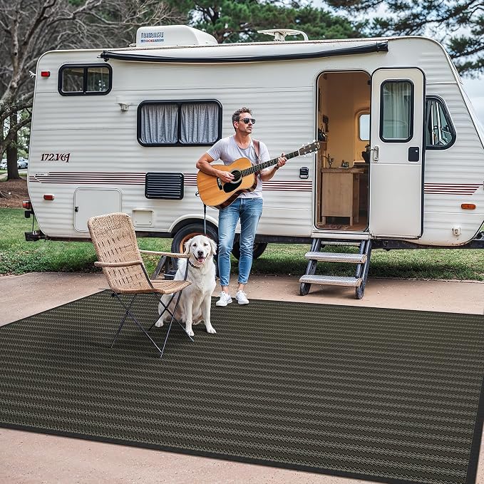 GENIMO Outdoor Rug for Patio Clearance, 9'x12' Reversible Plastic Straw Rugs, Lightweight Waterproof RV Camping Mat for Camper, Balcony, Deck, Backyard, Picnic, Black & Brown