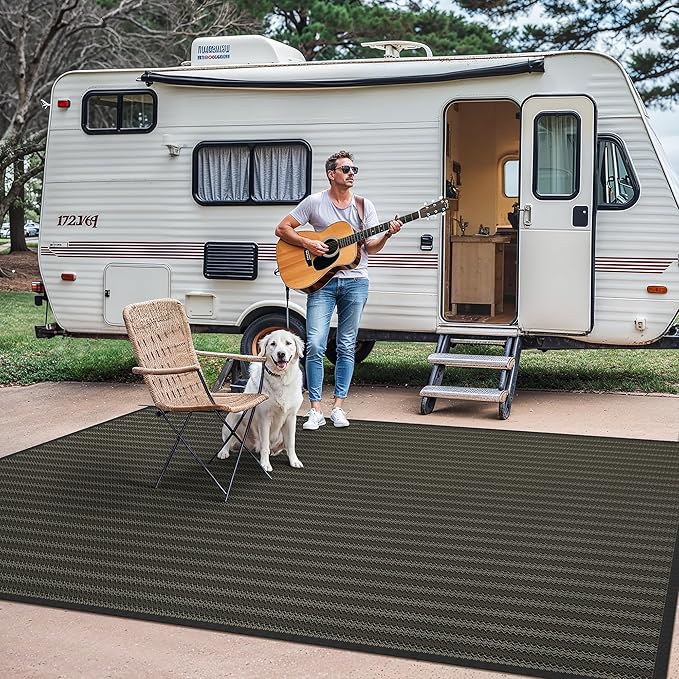 GENIMO Outdoor Rug for Patio Clearance, 5'x8' Reversible Plastic Straw Rugs, Lightweight Waterproof RV Camping Mat for Camper, Balcony, Deck, Backyard, Picnic, Black & Brown